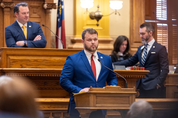 State. Sen. Bo Hatchett, R-Cornelia, speaks on a bill to rewrite Georgia's litigation rules to limit lawsuits during Senate debate at the Capitol in Atlanta on Friday, Feb. 21, 2025. (Arvin Temkar/AJC