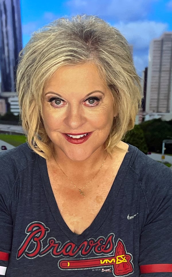 Nancy Grace wearing her lucky Braves t-shirt in her Atlanta recording studio on Sept. 20, 2023. CONTRIBUTED/NANCY GRACE