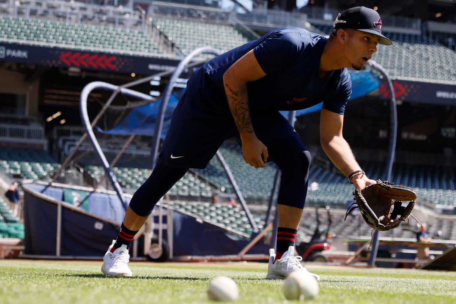 Braves shortstop Vaughn Grissom (18) works on a drill before the game against the Astros at Truist Park, Sunday, April 23, 2023, in Atlanta. 
Miguel Martinez / miguel.martinezjimenez@ajc.com 