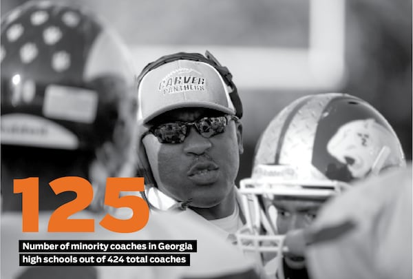 Carver-Atlanta head football coach Darren Myles instructs his players in the first half of their high school football game against Grady on Friday, Nov. 1, 2013, at Grady Stadium in Atlanta. Myles' team was the Class 3A runner-up in 2021. Carver is majority African-American school in the Atlanta Public Schools system. (AJC file photo)