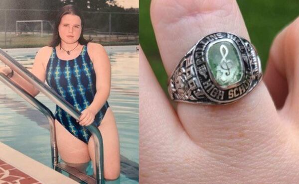 The class ring that Amy Goetz created included several of her high school hobbies, including swimming.