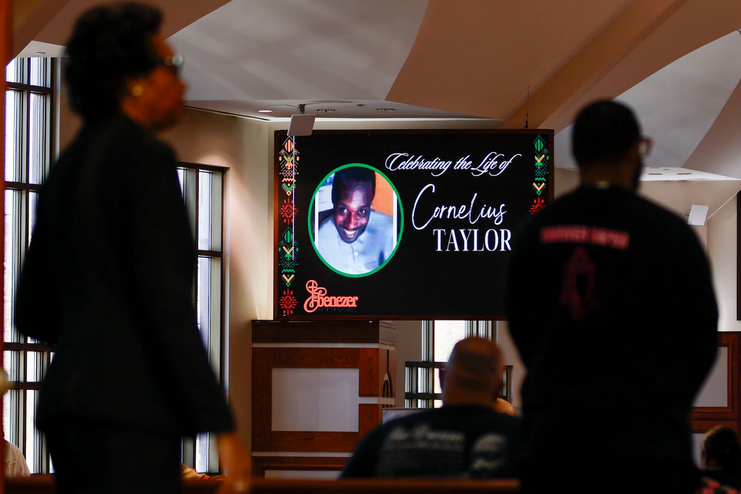 A remembrance for Cornelius Taylor is displayed on a screen inside the Ebenezer Baptist Church ahead of his memorial service on February 3, 2025. Taylor, who was experiencing homelessness, died during an incident involving city workers clearing a homeless encampment on January 16.
(Miguel Martinez/ AJC)