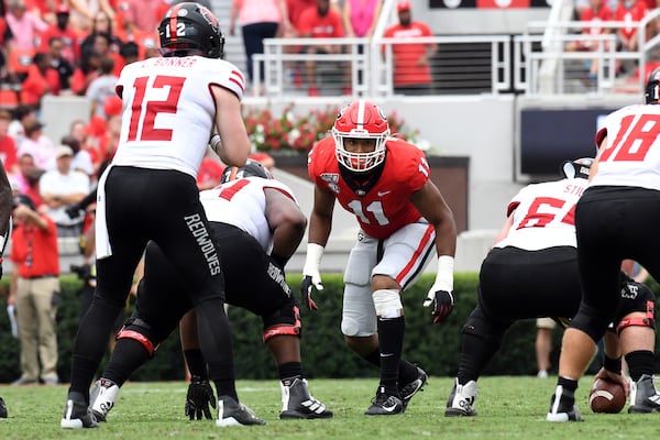 Georgia linebacker Jermaine Johnson (11) lines up for a play against Arkansas State Saturday, Sept. 14, 2019, at Sanford Stadium in Athens. (Perry McIntyre/UGA)