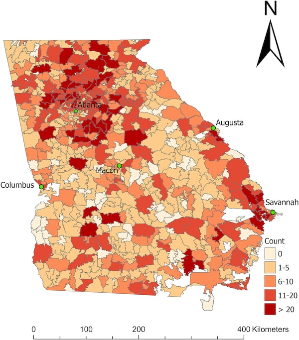 A look at the place of residence for snake bite victims. While not necessarily in the area of where a person got a snake bite, researchers said the findings of this map are almost identical when comparing hospital zip code vs the residential zip code. Researchers say findings indicate most of the people were bitten close to their home but there would certainly be some people who are misclassified. (GeoHealth)