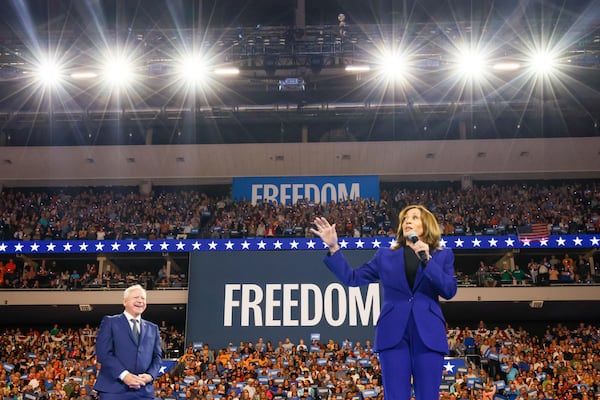 Vice President Kamala Harris appears with running mate Tim Walz on the stage during a rally campaign event at Fiserv Forum in Milwaukee on Tuesday, August 20, 2024.
(Miguel Martinez / AJC)