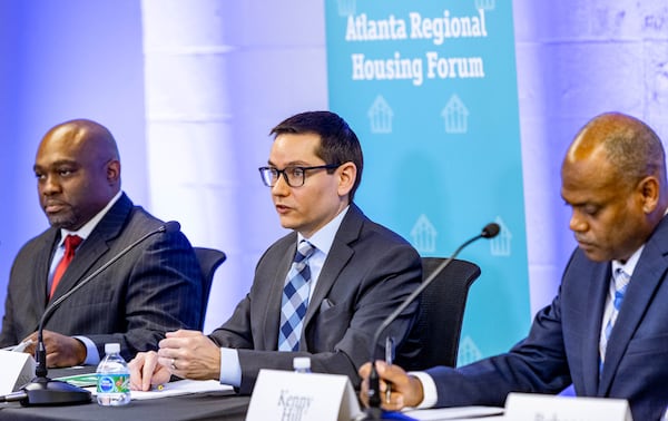 Kenny Hill, from front right, Mark Hammad and Nolan English participate in the Atlanta Regional Mayoral Forum, moderated by Bill Bolling, and centered around Atlanta's housing challenges and takes place in two parts Wednesday, Oct 6, 2021.  Candidates in the first set of questions include Atlanta City Councilman Antonio Brown, councilman Andre Dickens, attorney Sharon Gay, council president Felicia Moore and former mayor Kasim Reed. The second group of candidates include Kirsten Dunn, Nolan English, Mark Hammad, Kenny Hill, Rebecca King, Roosevelt Searles III, Richard Wright.  (Jenni Girtman for The Atlanta Journal-Constitution)