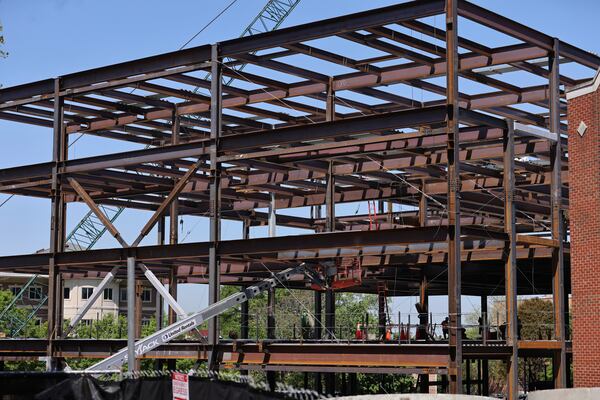 Construction continues on the Spelman College Mary Schmidt Campbell Center for Innovation & the Arts on Wednesday April 19, 2023.  (Natrice Miller/natrice.miller@ajc.com)