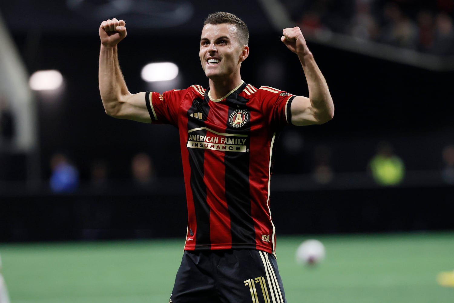 Atlanta United defender Brooks Lennon reacts after scoring the team’s first goal during the first half against Liga MX Toluca of an exhibition match on Wednesday, Feb 15, 2023, in Atlanta.
 Miguel Martinez / miguel.martinezjimenez@ajc.com