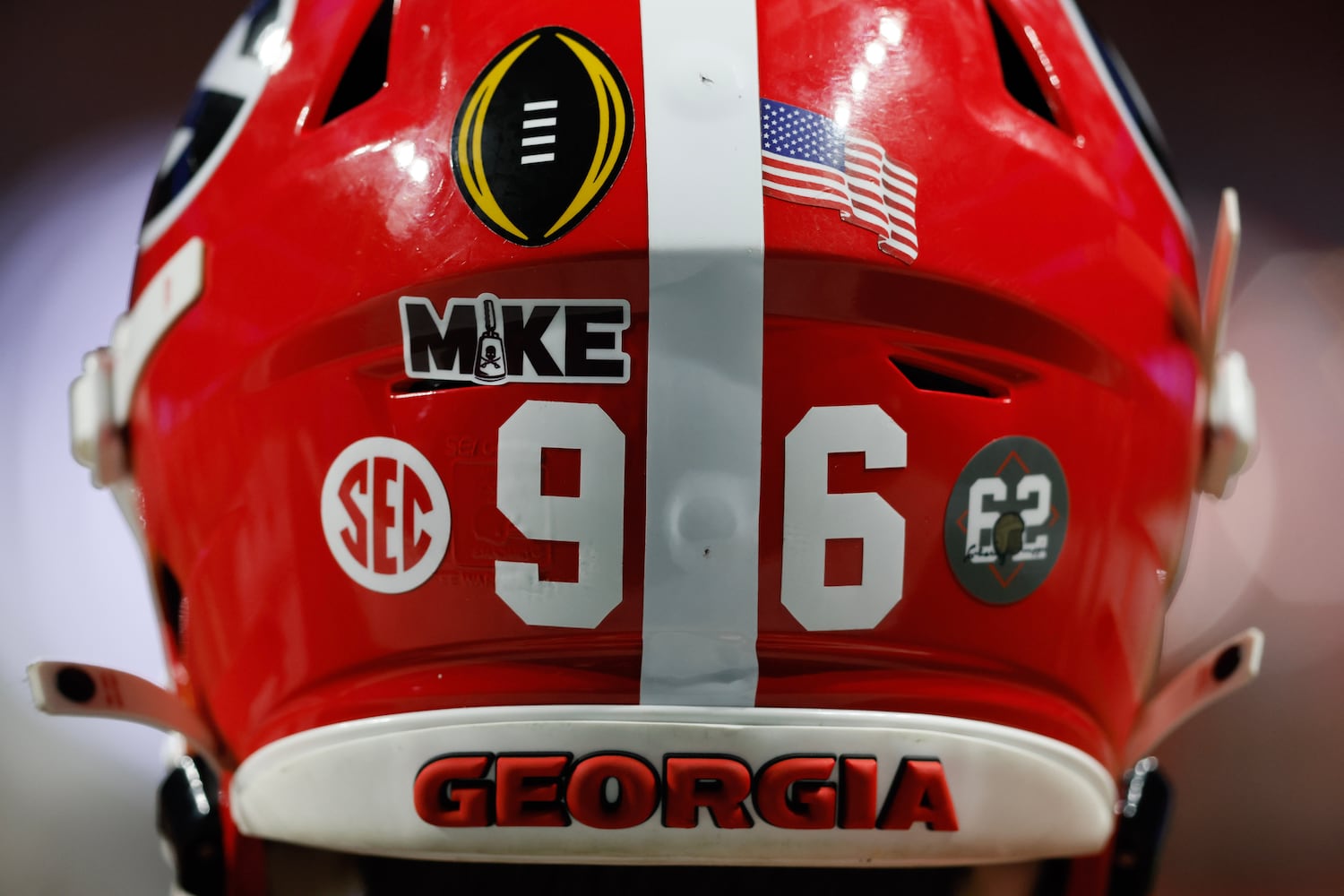 The logo for the late Mississippi State Coach Mike Leach adorns the helmet of Georgia Bulldogs place kicker Jack Podlesny (96) during the College Football Playoff Semifinal between the Georgia Bulldogs and the Ohio State Buckeyes at the Chick-fil-A Peach Bowl In Atlanta on Saturday, Dec. 31, 2022. (Jason Getz / Jason.Getz@ajc.com)