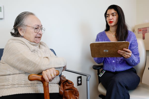 Patient at Georgia Memory Net Clinic at Grady Beatriz Patiño (left) gets assistance from Dania Nasar, a Neuropsych Tester, as they work on a Full Cognitive Assessment on Monday, Nov. 20, 2023. 
Miguel Martinez /miguel.martinezjimenez@ajc.com