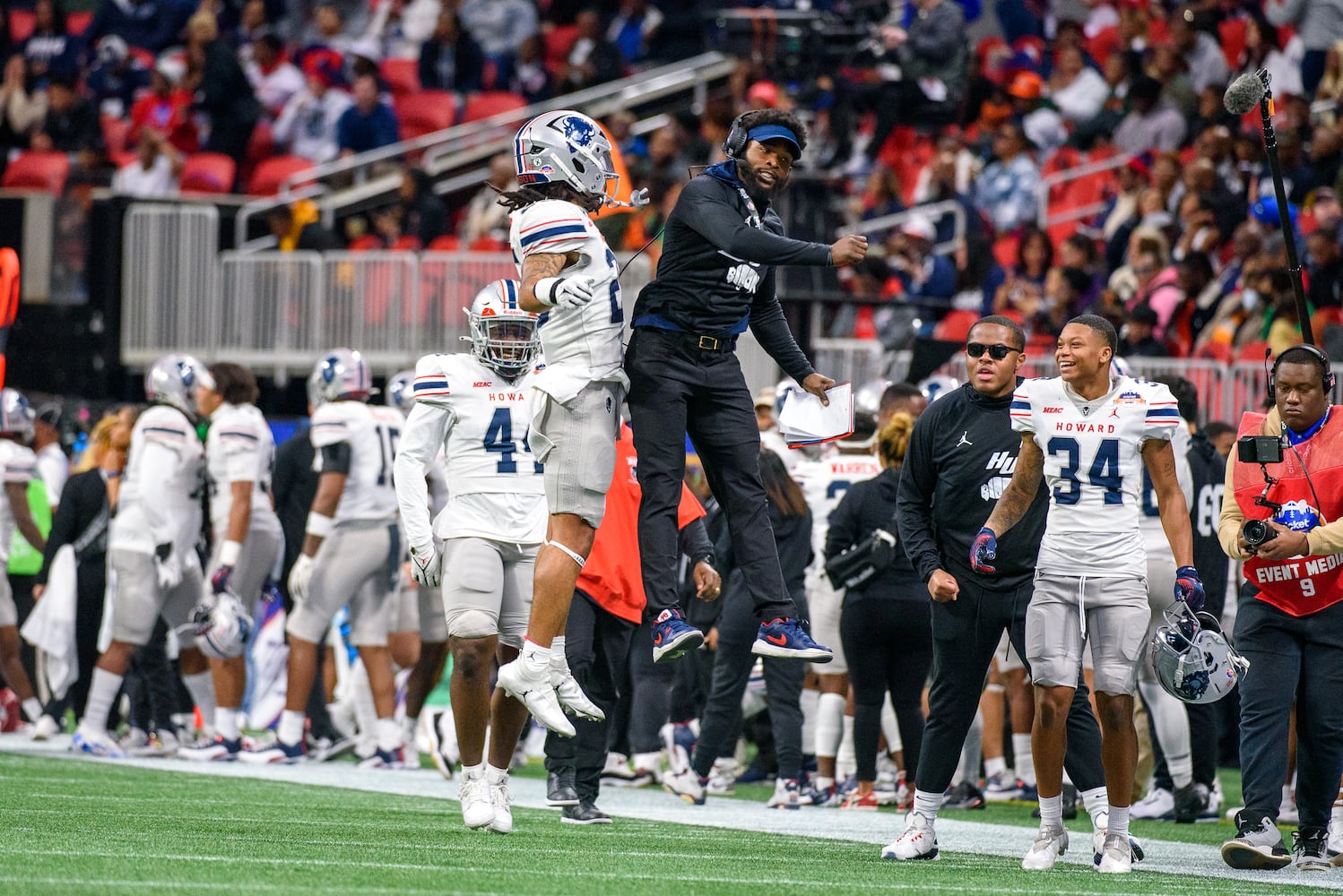 Howard linebacker Christian White celebrates during the Celebration Bowl against Florida A&M at Mercedes Benz Stadium in Atlanta, Georgia on Dec. 16, 2023. (Jamie Spaar for the Atlanta Journal Constitution)