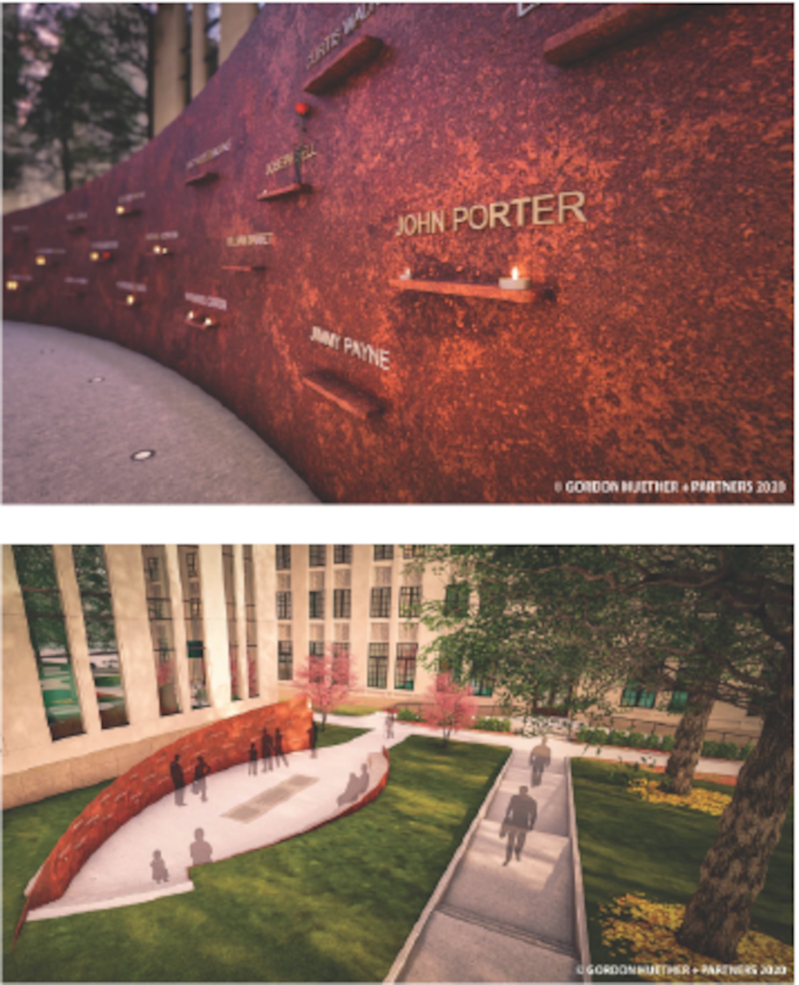 Renderings show the Atlanta Child Murder memorial wall and eternal flame that will sit at Atlanta City Hall. The memorial was approved by Atlanta City Council on Monday, Feb. 1, 2021. (Renderings by Gordon Huether Studio via City of Atlanta)