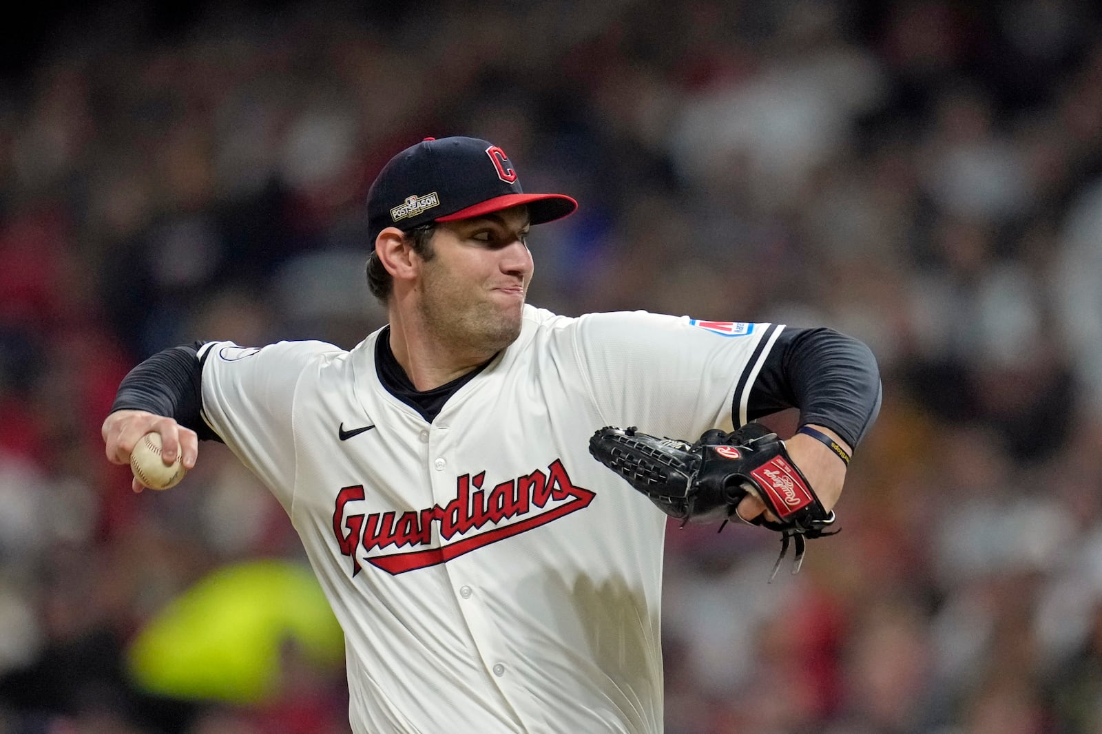 Cleveland Guardians starting pitcher Gavin Williams throws against the New York Yankees during the first inning in Game 4 of the baseball AL Championship Series Friday, Oct. 18, 2024, in Cleveland. (AP Photo/Sue Ogrocki)