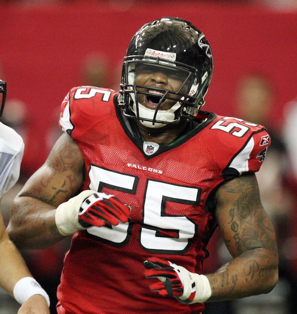 Falcons defensive end   John Abraham lets loose a roar at the end of a play as he was a moment away from another sack during 2nd half pressure on Saints quaterback  Drew Brees in the Georgia Dome, Atlanta, Sunday, Nov. 9, 2008.   CURTIS COMPTON / ccompton@ajc.com