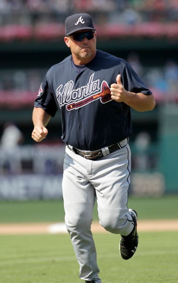 Atlanta Braves' Manager Fredi Gonzalez in baseball action against the Philadelphia Phillies Saturday, June 28, 2014, in Philadelphia. (AP Photo/H. Rumph Jr) It's thumbs-up for Fredi G. and his resurgent team. (H Rumph Jr./AP)