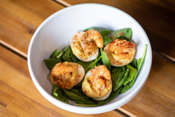 Hippin Hops Brewery's Cajun Shrimp Deviled Eggs stuffed with Hippin Hops' Hippin mix seasoned to perfection. (Mia Yakel for The Atlanta Journal-Constitution)