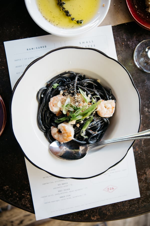 Squid Ink Spaghetti with Shrimp Fra Diavolo at no. 246 (photo by Patrick Michael Chin)