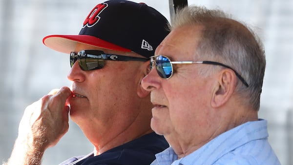 Braves manager Brian Snitker and former manager Bobby Cox watch over players during workouts Sunday, Feb. 17, 2019, at the ESPN Wide World of Sports Complex in Lake Buena Vista, Fla.