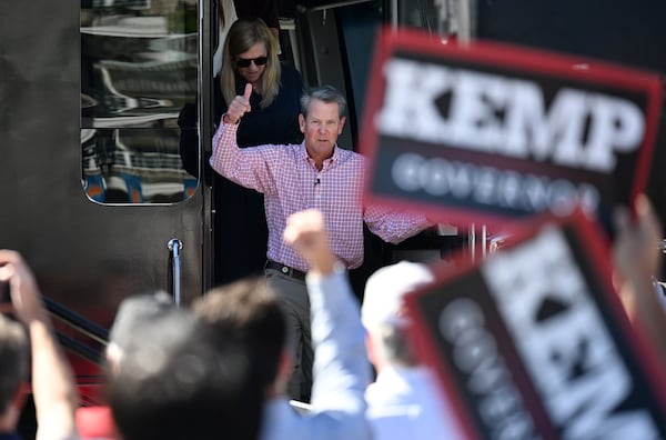 Georgia Gov. Brian Kemp, speaking at a rally he held Tuesday in Alpharetta with Virginia Gov. Glenn Youngkin, pointed to similarities in the two men's campaigns. “Parents had a lot of concerns. Parents are worried about their kids. They’re worried about the economy and wanting people to get back to work. That’s what he stayed focused on,” Kemp said of Youngkin’s campaign in 2021. “And, look, it’s what we’ve been focused on here in Georgia.” (Hyosub Shin / Hyosub.Shin@ajc.com)