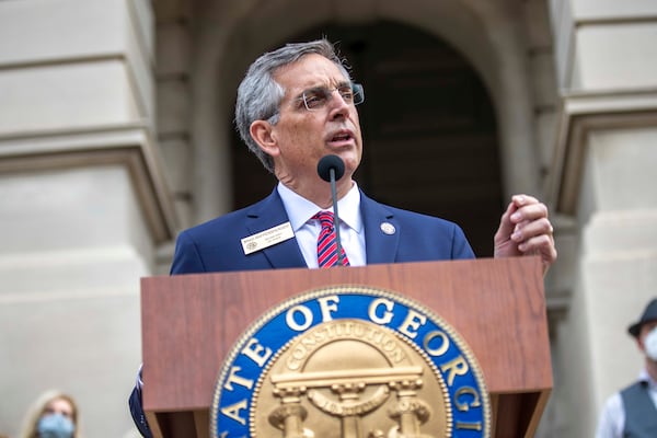 11/11/2020 —  Atlanta, Georgia — Georgia Secretary of State Brad Raffensperger announces the start of a hand recount of the November 3 presidential election during a briefing outside of the Georgia State Capitol building in downtown Atlanta, Wednesday, November 11, 2020.  (Alyssa Pointer / Alyssa.Pointer@ajc.com)