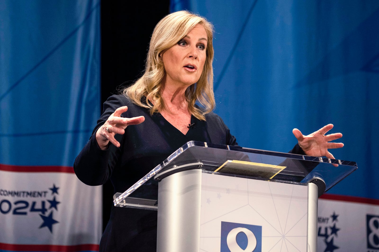 FILE - Janelle Stelson, a candidate for the Democratic nomination in Pennsylvania's 10th Congressional District, speaks during a debate, April 9, 2024, in York, Pa. (AP Photo/Joe Lamberti, File)