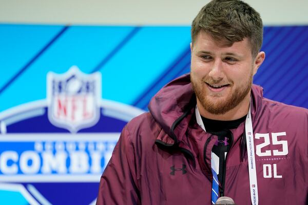 INDIANAPOLIS, IN - MARCH 01: UCLA offensive lineman Kolton Miller speaks to the media during NFL Combine press conferences at the Indiana Convention Center on March 1, 2018 in Indianapolis, Indiana. (Photo by Joe Robbins/Getty Images)