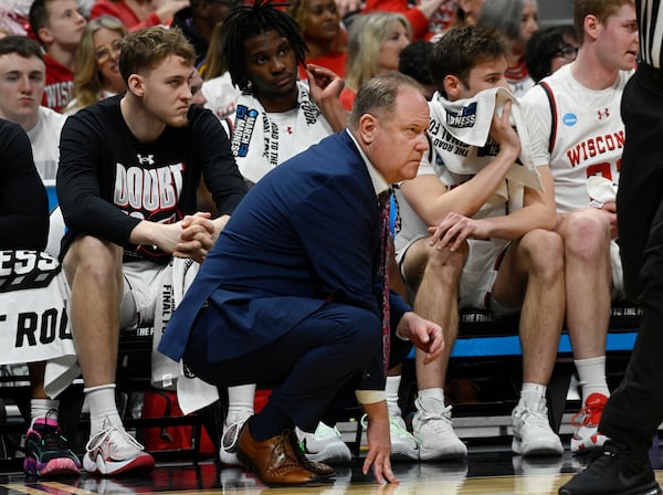 Wisconsin head coach Greg Gard looks on during the first half against Montana in the first round of the NCAA college basketball tournament Thursday, March 20, 2025, in Denver. (AP Photo/John Leyba)