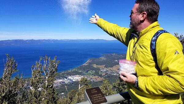 Amanda’s husband, Ed, flings Jerry’s ashes at Lake Tahoe. CONTRIBUTED