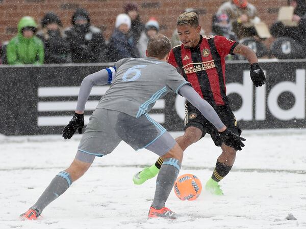 MINNEAPOLIS, MN - MARCH 12: Josef Martinez #7 of Atlanta United FC controls the ball against Vladim Demidov #6 of Minnesota United FC during the second half of the match on March 12, 2017 at TCF Bank Stadium in Minneapolis, Minnesota. Atlanta defeated Minnesota 6-1. (Photo by Hannah Foslien/Getty Images)