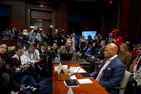 New York City Mayor Eric Adams takes his seat at the witness table during a House Committee on Oversight and Government Reform hearing with Sanctuary City Mayors on Capitol Hill, Wednesday, March 5, 2025, in Washington. (AP Photo/Rod Lamkey, Jr.)