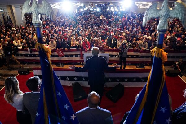 Former President Donald Trump speaks Tuesday during a primary night watch party in Nashua, New Hampshire. MUST CREDIT: Jabin Botsford/The Washington Post