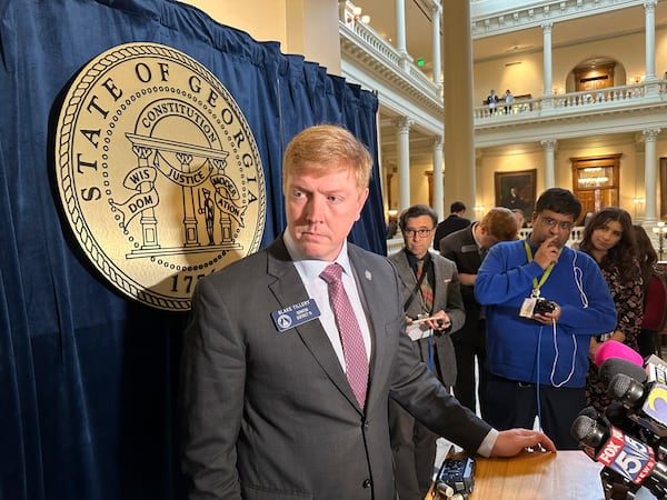 Georgia Sen. Blake Tillery, R-Vidalia, listens to a reporter's question following Senate passage of a bill limiting state funding of gender affirming care on Tuesday, Feb. 11, 2025, at the Georgia Capitol in Atlanta. (AP Photo/Jeff Amy)