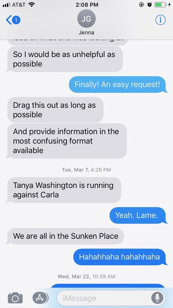 Text messages between former Atlanta press secretary Jenna Garland and a Watershed spokeswoman urged the subordinate to delay release of public records to Channel 2.