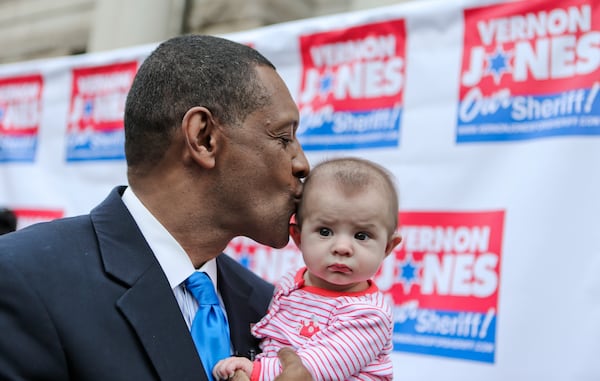 Former DeKalb County CEO engaged in a campaign tradition when he kicked off his campaign for sheriff in February. Jones, who has never been a sworn law enforcement officer, joined seven other candidates vying for the post that is wide-open after Sheriff Tom Brown left to run the office to run for congress. JOHN SPINK/JSPINK@AJC.COM