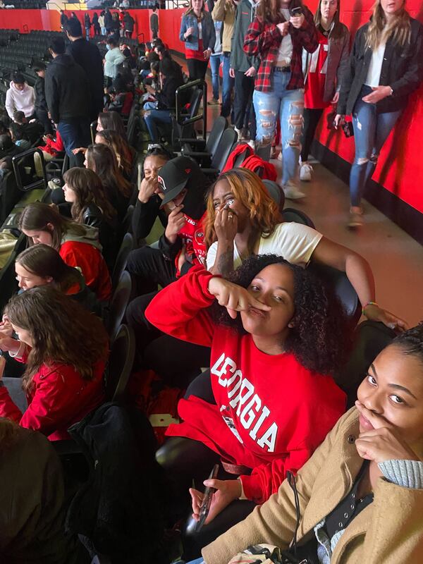 Angel Crawford, of Atlanta, was inside Stegeman Coliseum to watch Georgia take on Alabama for the national championship on Monday, Jan. 10, 2022. She was giving a face that shows what she thinks of Bama. (Trevyn Gray/Special to The AJC)