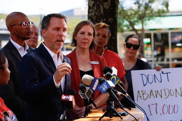 Atlanta Council President Doug Shipman speaks outside the MARTA Five Points station on June 25 as part of a press conference with other city leaders who oppose the station’s closure for renovations. 
(Miguel Martinez / AJC)