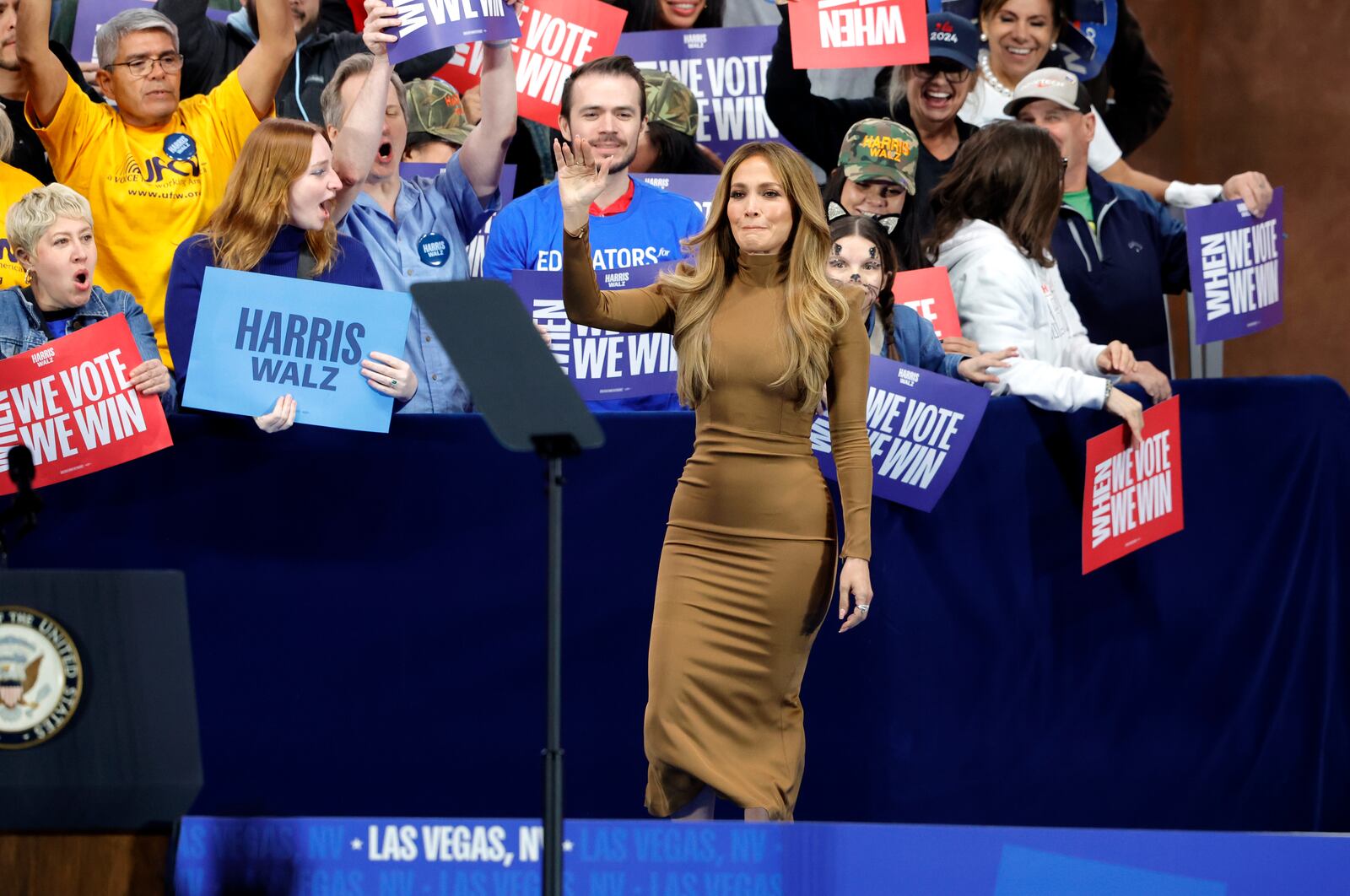 Jennifer Lopez arrives to speak at a campaign rally for Democratic presidential nominee Vice President Kamala Harris, Thursday, Oct. 31, 2024, in North Las Vegas. (AP Photo/Steve Marcus)