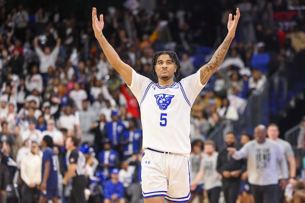 Georgia State Panthers guard Brenden Tucker (5) reacts as time expires after the Panthers' 64-60 win against Georgia Southern in a NCAA men’s basketball game at the Georgia State Convocation Center, Thursday, February 2, 2023, in Atlanta. Jason Getz / Jason.Getz@ajc.com)
