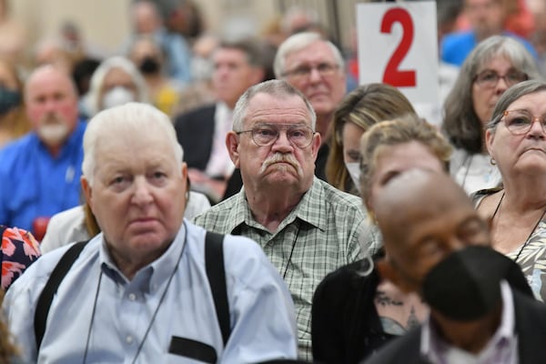 Delegates in the North Georgia Conference of the United Methodist Church vote Thursday, June 2, 2022, to allow about 70 member churches to voluntarily leave the conference as a result of their disagreement largely over the issue of full inclusion of the LGBTQ community. Mt. Bethel UMC in Cobb County is not one of the 70, since its split from the UMC is being negotiated in court. (Hyosub Shin / Hyosub.Shin@ajc.com)