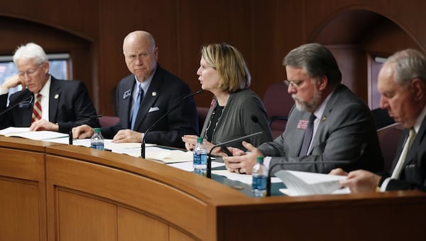 2/15/18 - Atlanta - Rep. Jan Jones (center), R - Milton, the lone woman on the committee, recommends the adoption of the new policy to the Legislative Services Committee. Georgia legislators will be required to get training every other year on sexual harassment, according to a new policy passed by a committee vote Thursday. But harassment complaints would remain confidential, BOB ANDRES /BANDRES@AJC.COM