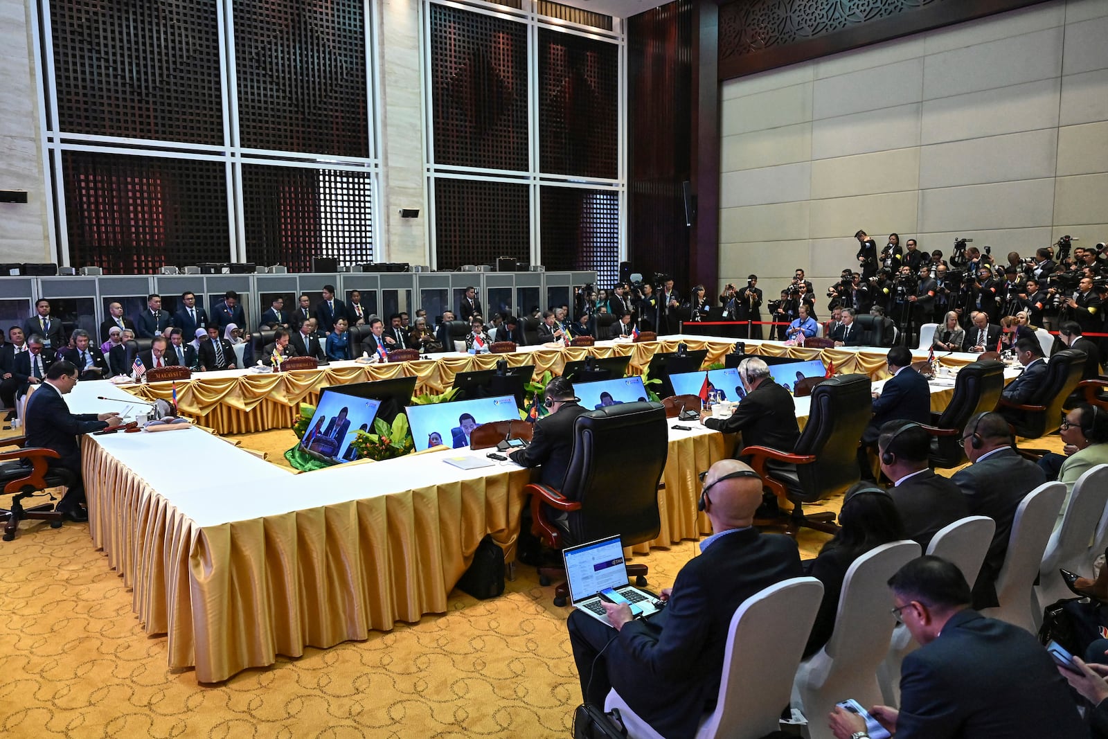 U.S. Secretary of State Antony Blinken, back right, takes part in the 12th ASEAN-U.S. Summit in Vientiane Friday, Oct. 11, 2024. (Tang Chhin Sothy/Pool Photo via AP)