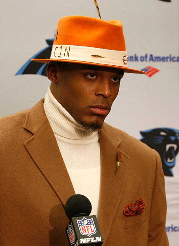 Carolina Panthers quarterback Cam Newton speaks at a news conference after the Panthers' loss to the Oakland Raiders in Oakland, Calif., Sunday, Nov. 27, 2016.