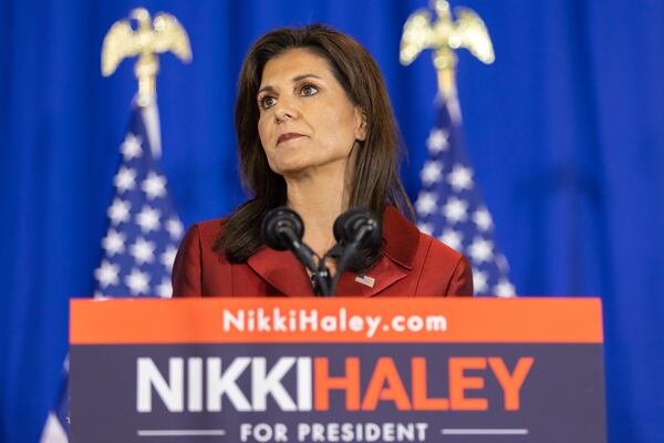 Republican presidential candidate Nikki Haley gives a speech at her primary day watch party at The Charleston Place in Charleston, South Carolina on Saturday, February 24, 2024. Former President and Republican presidential candidate Donald Trump beat the former governor in her home state. (Arvin Temkar / arvin.temkar@ajc.com)