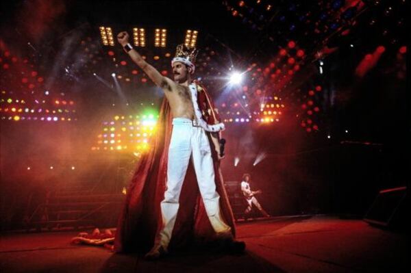  Singer Freddie Mercury (1946 - 1991) performing with British rock group Queen at Wembley Stadium, London, 1986. (Photo by Denis O'Regan/Getty Images)