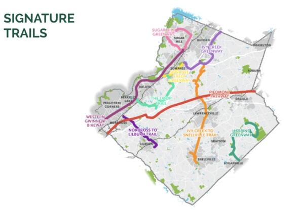 The signature trails included in Gwinnett’s newly adopted trails master plan. (Credit: Gwinnett County)