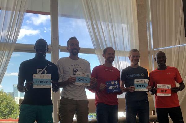 USATF champion Lopez Lomong was joined by other elite male runners at a media conference Tuesday, July 3, 2018 in advance of the 2018 AJC Peachtree Road Race, scheduled for July 4. (Tess DeMeyer / AJC)