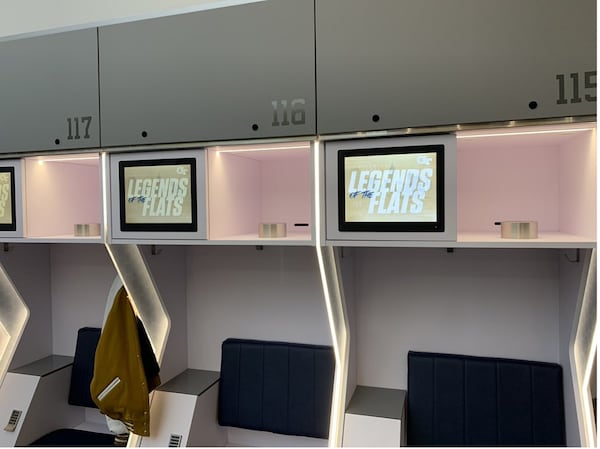 The lockers that Georgia Tech coach Geoff Collins has set aside for outgoing team members preparing for pro day. (Courtesy Kyle Cerge-Henderson)