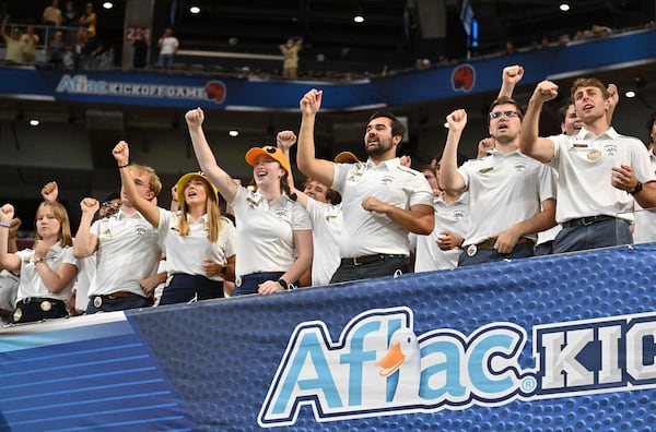 Georgia Tech fans cheer prior to the inaugural Aflac Kickoff Game against Louisville at Mercedes-Benz Stadium, Friday, September 1, 2023, in Atlanta. (Hyosub Shin / Hyosub.Shin@ajc.com)