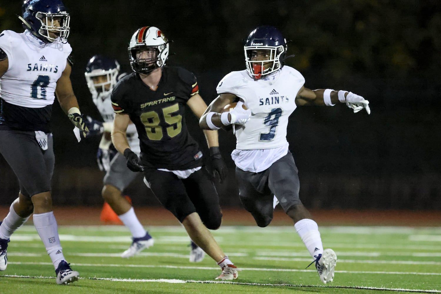 Oct. 23, 2020 - Norcross, Ga: Cedar Grove defensive back Jordan Grier (9) returns an interception in the second half against GAC at Greater Atlanta Christian, Friday, October 23, 2020 in Norcross, Ga.. Cedar Grove won 33-6. JASON GETZ FOR THE ATLANTA JOURNAL-CONSTITUTION