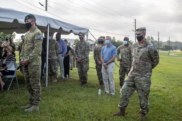 08/03/2021 —Fort Benning, Georgia — Soldiers attend the memorial dedication ceremony for Pvt. Felix Hall at Fort Benning, Tuesday, August 3, 2021. Hall was lynched at the Army base in 1941. (Alyssa Pointer/Atlanta Journal Constitution)